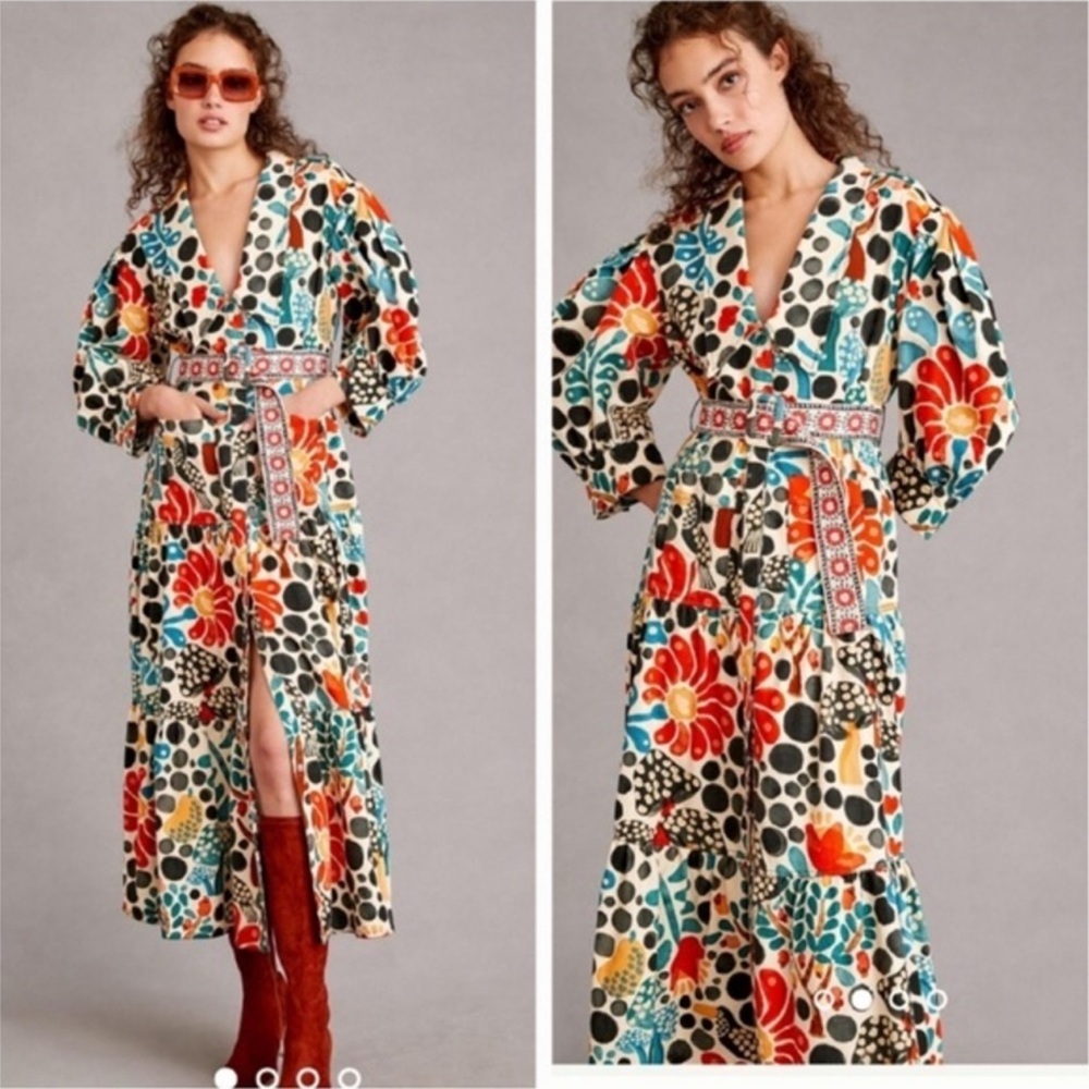 Anthropologie Farm Rio Mushroom Forest Canvas Dress Womens Size XS Puff Sleeve